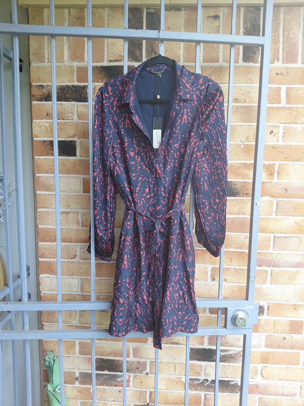 Women’s Navy Dress with Red Print and Tie Waist #(C15)